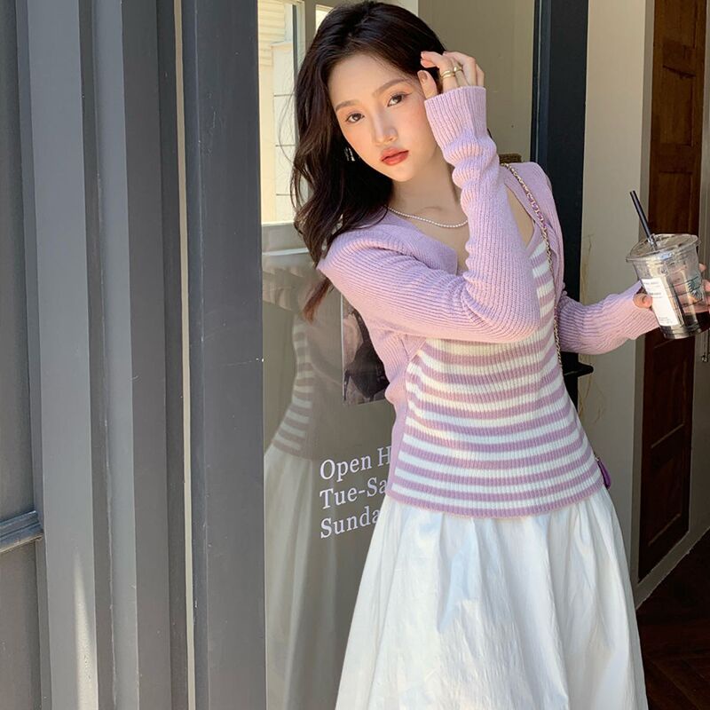 Áo dệt kim ZHELIHANGFEI giả hai lớp tay dài phối họa tiết sọc eo cao gợi cảm dễ phối đồ