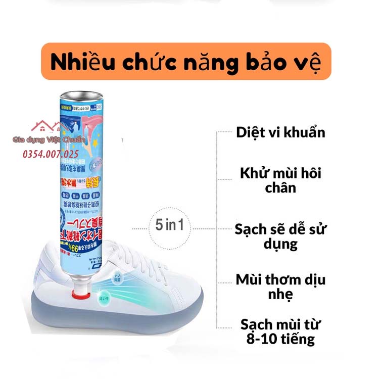 Xịt khử mùi giày, khử mùi hôi chân, vi khuẩn, công nghệ Nano Bạc an toàn cho da, chai 260ml GD208