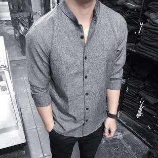 Áo Sơ Mi Nam Cổ Tàu Màu Ghi Xám Vải Đũi Cao Cấp