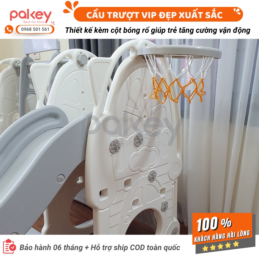 Cầu trượt trẻ em Pakey VIP DÀI 2M1 màu tắng, TẶNG KÈM BÓNG RỔ, cầu trượt cho bé nhựa nguyên sinh