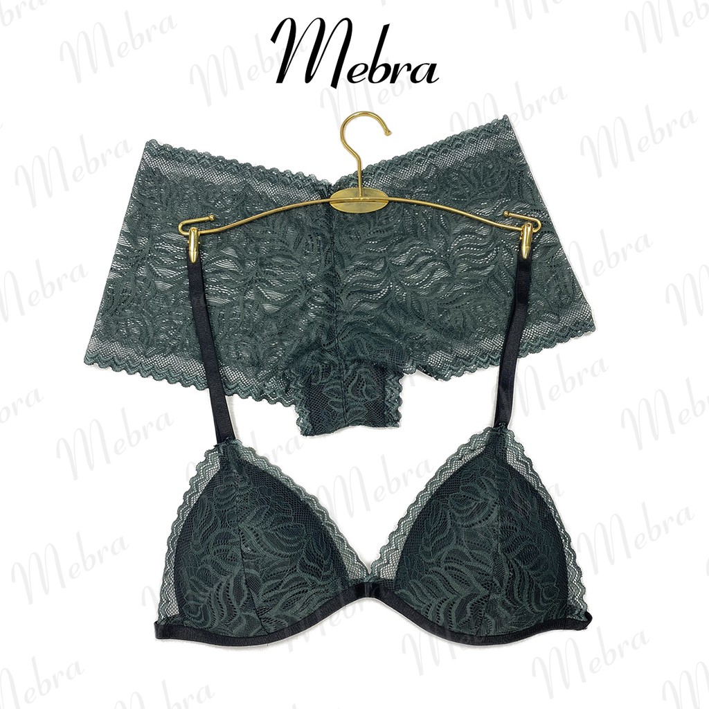 Áo ngực nữ bralette không gọng mút mỏng ren màu xanh rêu có tăng đơ 4 chiều thương hiệu Mebra _ MA016