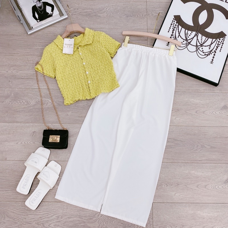 [ 𝐅𝐑𝐄𝐄 𝐒𝐇𝐈𝐏 ] SÉT ÁO CRT MIX QUẦN SUÔNG TRẮNG ÁO LEN XỐP NHĂN QC QUẦN SUÔNG ĐŨI