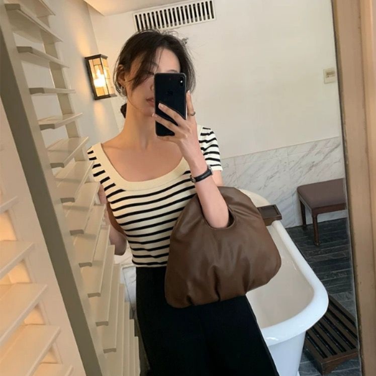 SUXI Áo Dệt Kim Tay Ngắn Cổ Vuông Dáng Rộng Họa Tiết Kẻ Sọc Thời Trang Mùa Hè Xinh Xắn Cho Nữ