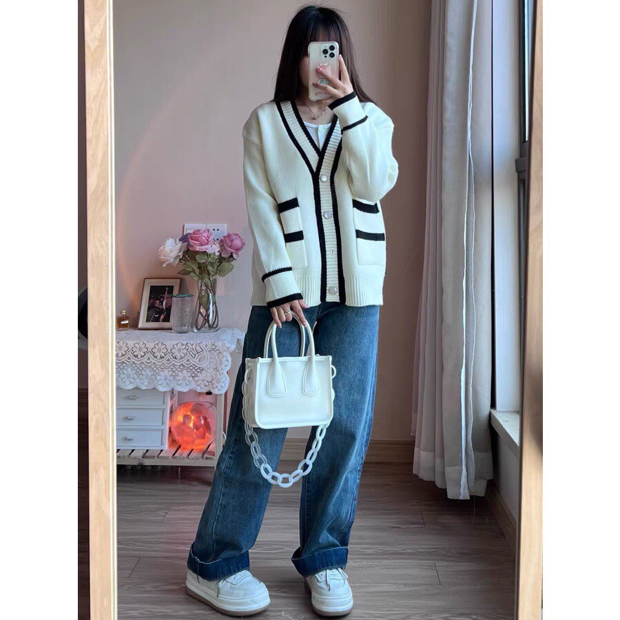 Áo khoác len cardigan trơn phối viền dáng xuông có túi -Miss girl