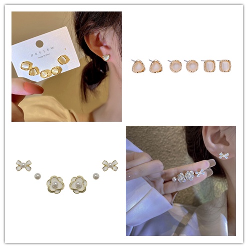 Bộ 6 Khuyên Tai Đính Ngọc Trai Hoa Trà Sang Trọng Cho Nữ