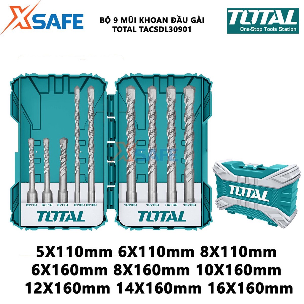 Bộ 9 mũi khoan bê tông TOTAL TACSDL30901 đầu gài kích thước từ 5-16mm chống mài mòn, gỉ set, chịu lực - chính hãng
