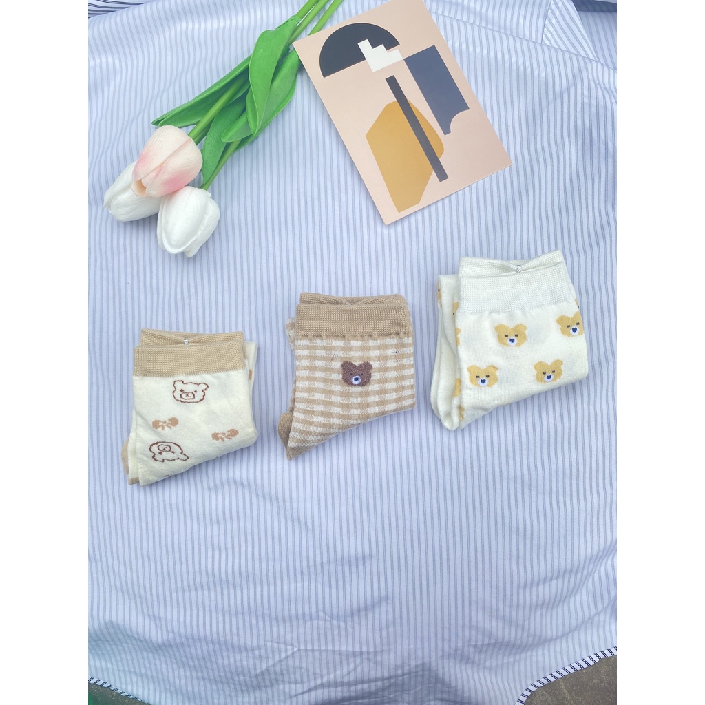 Tất cổ cao Muzini tất nữ tone nâu in họa tiết gấu dễ thương TN221