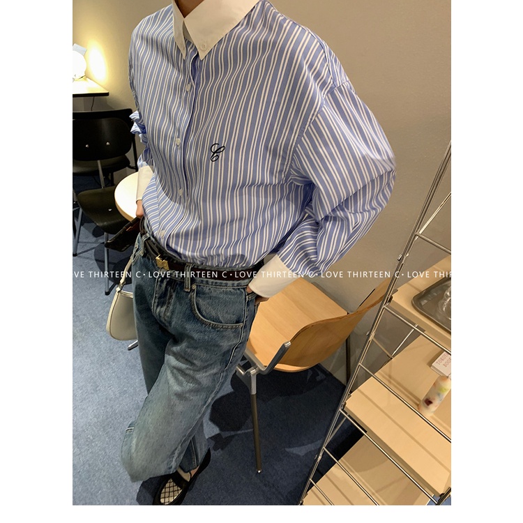 Áo Sơ Mi Tay Dài Dáng Rộng Họa Tiết Thêu Sọc Thiết Kế Mỏng Thời Trang Mùa Xuân Mới