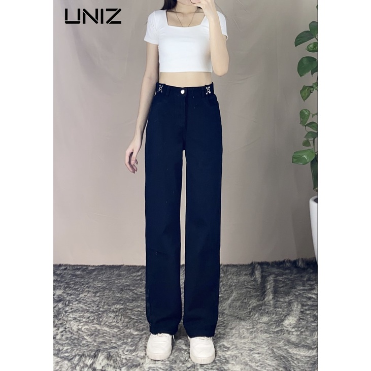 Quần Jean Suông Trơn UNIZ (Màu Đen), Unisex, Dáng Dài, Cạp Cao, Móc Cài, Ống Suông Và Rộng, Vải Jean Mềm, Không Bai