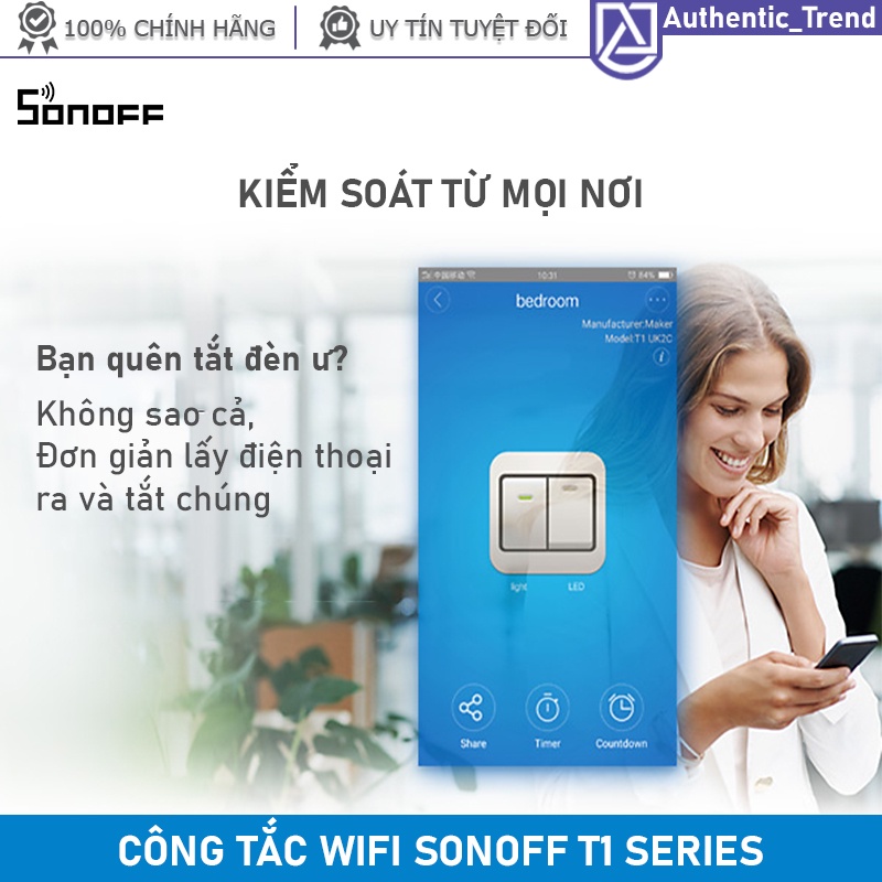Công tắc Wifi + RF 433MHz SONOFF thông minh kính cường lực sang trọng mặt vuông 1 / 2 nút