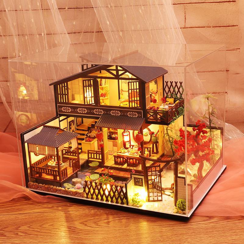 Mô hình nhà DIY Doll House Japanese Forest Valley Kèm Mica Chống bụi, Bộ dụng cụ, Keo dán và Bộ phát nhạc