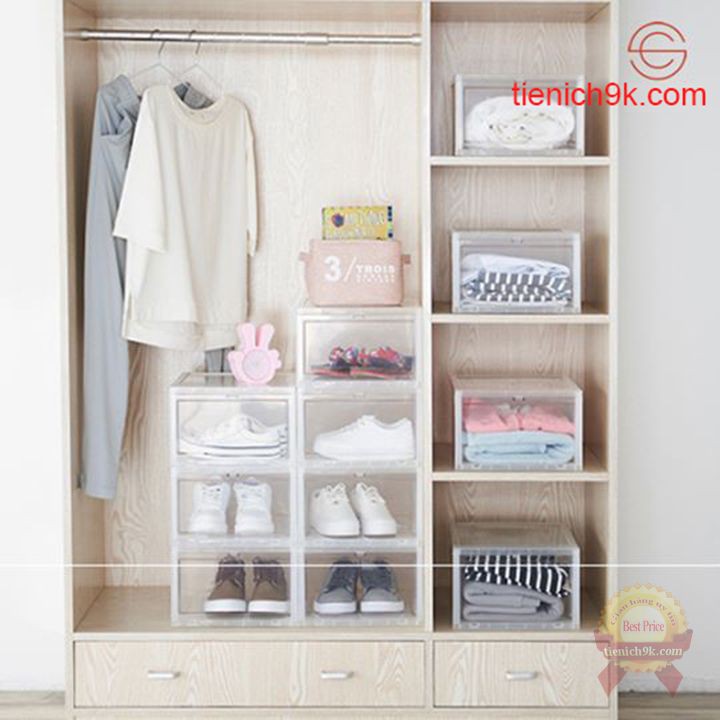 Set 5 Hộp để giày nhựa khung kim loại Ngăn Kéo Size To cứng cáp trong suốt