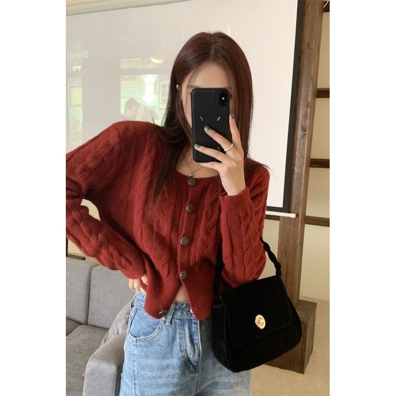 Áo Khoác Cardigan Dệt Kim Dáng Rộng Màu Đỏ Phong Cách Cổ Điển Mừng Năm Mới