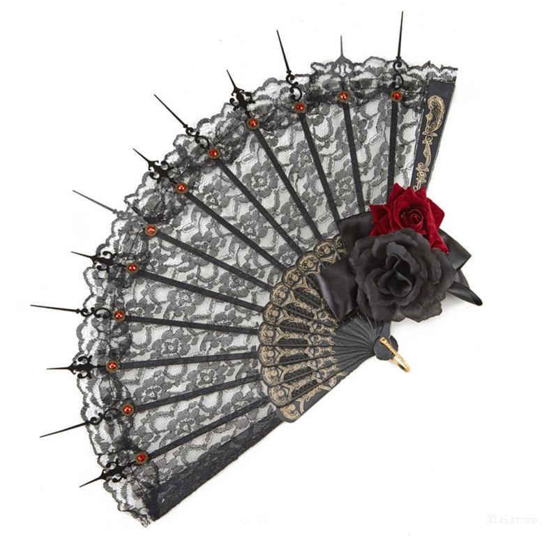 XIXI Quạt Xếp Cầm Tay Phối Ren Hoa Hồng Phong Cách Vintage Nhật Bản Dùng Làm Đạo Cụ Chụp Ảnh