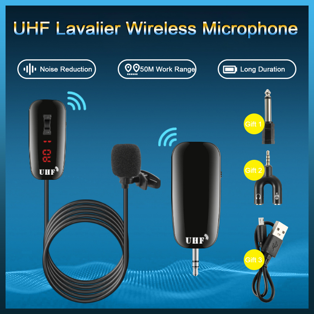 UHF Lavalier Lapel Wireless Microphone Recording Live Streaming Microphone Transmitter Receiver 50m Working Range Compatible with Camcorder Smartphone Laptop PC
