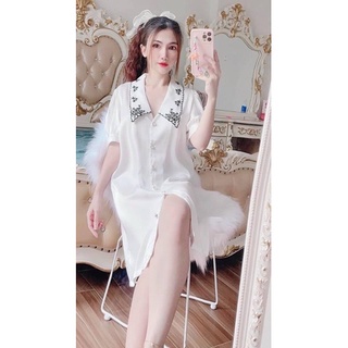 Váy ngủ sơ mi cổ nhọn trắng trơn lụa 1