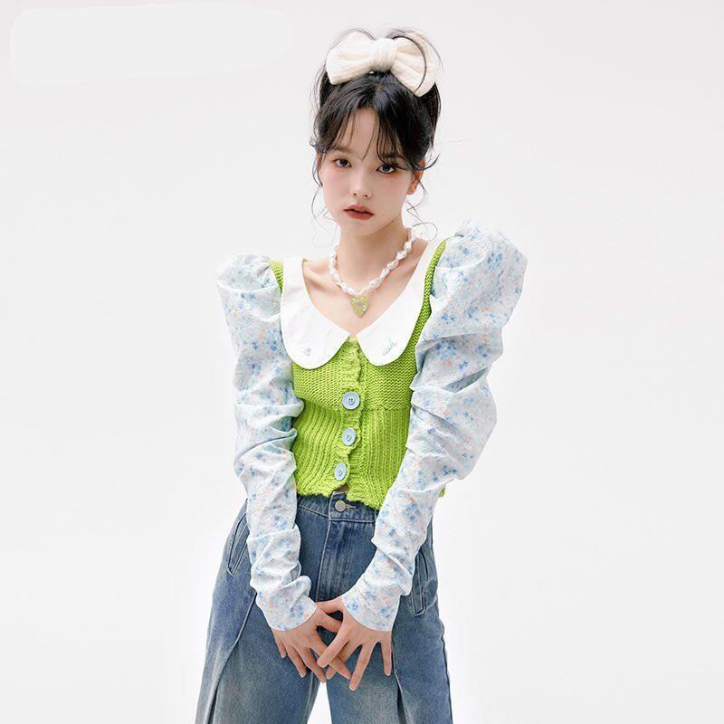 Áo Dệt Kim Tay Phồng Cổ Búp Bê In Hoa Màu Xanh Lá Phong Cách Mùa Xuân 2022 Thời Trang Mới