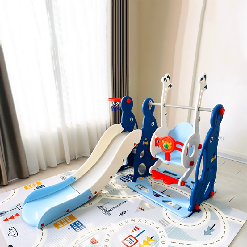 Cầu trượt xích đu cho bé hải cẩu CAYABE Holla màu xanh dương tặng kèm cột bóng rổ (size lớn 180*155*118 cm)