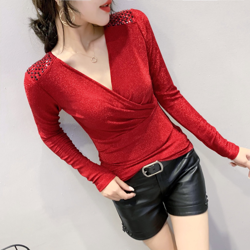 Áo thun dài tay nữ V Chéo Đính Đá Thời Trang Hàn Quốc