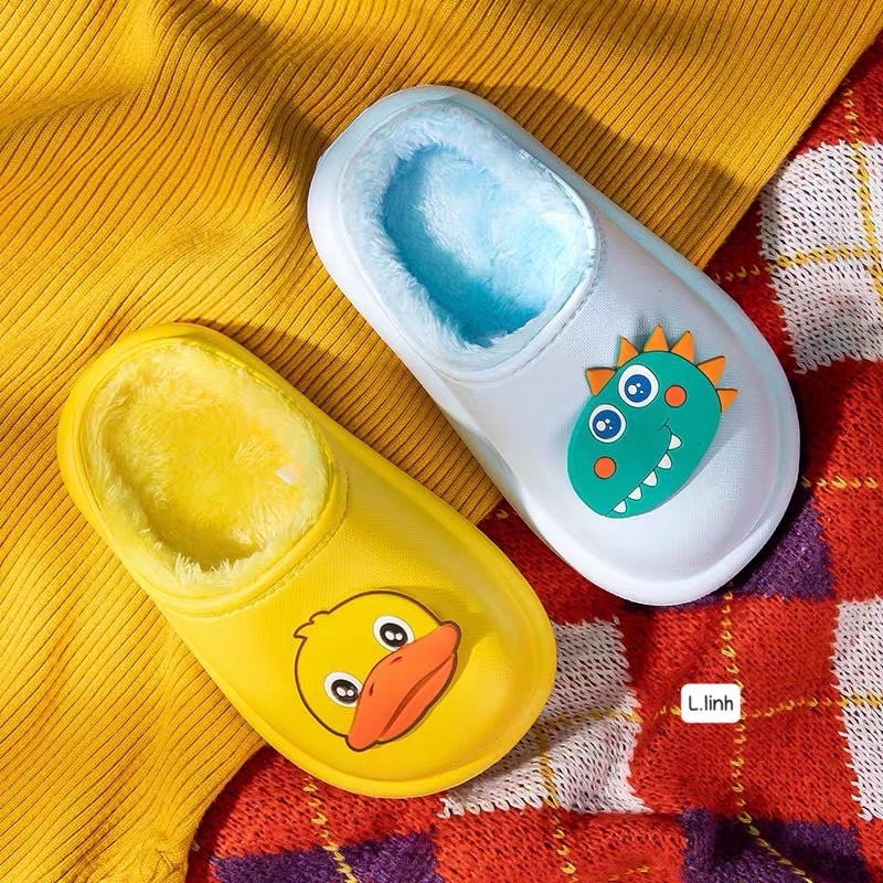 Dép sục Crocs lót bông siêu xinh siêu ấm cho bé mẫu khủng Long xanh và vịt vàng, dép nhẹ tênh, lông mềm ấm