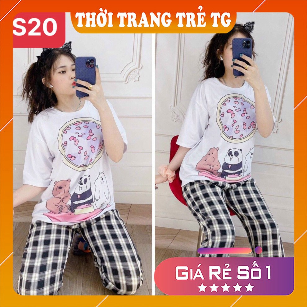 Đồ bộ nữ 𝑭𝒓𝒆𝒆𝒔𝒉𝒊𝒑 Set Đồ Bộ Quần Sọc Caro Ống Rộng S13 Hình Gấu Thỏ Freesize Form Rộng Cực Thoáng Mát