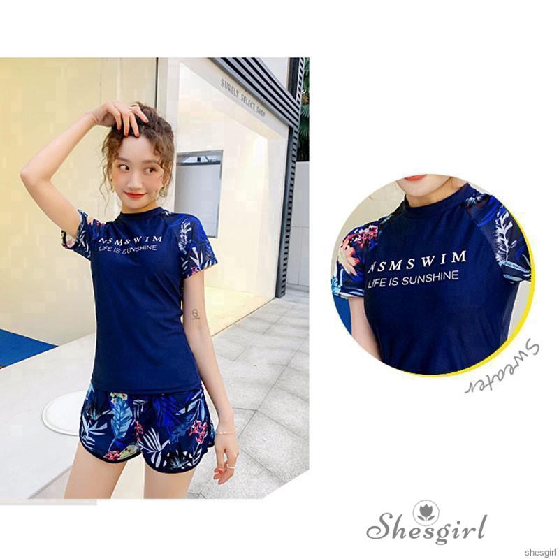 Bộ đồ bơi áo tay ngắn + quần sọt phối hoạ tiết đơn giản phong cách Hàn Quốc cho nữ | BigBuy360 - bigbuy360.vn
