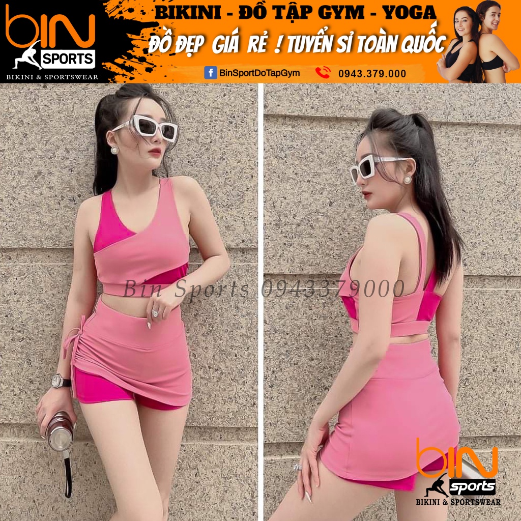 Đồ tập gym nữ, set bộ đùi thể thao phối màu áo bra kèm mút quần đùi váy dây rút Bin Sports BN037