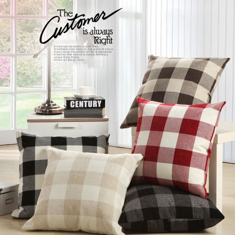 SUN 3pcs/set Classic Retro Checkered Linen Pillowcase Back Cushion Cover Decoration Pillow Case for Home Bedroom Sofa Car