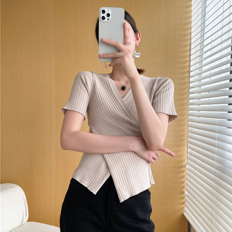 Áo Dệt Kim Ngắn Tay Cổ Chữ V Màu Trơn Thời Trang Cho Nữ