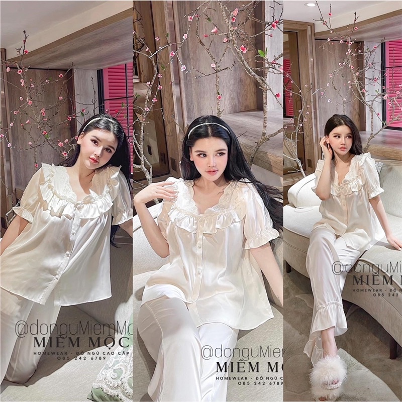 Bộ lụa tiểu thư Quảng Châu cao cấp tay ngắn nhún kem