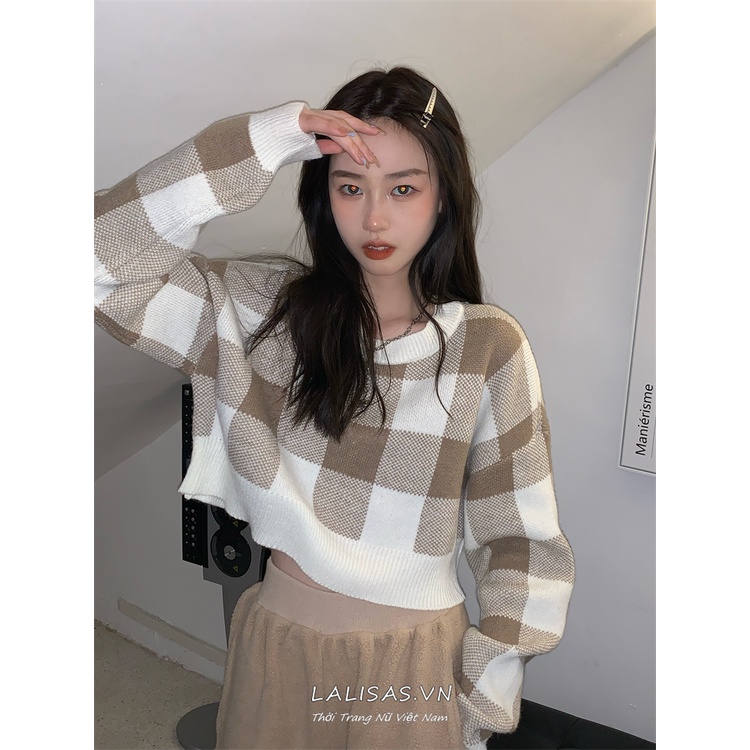 Áo Dệt Kim Cổ Thuyền Ngắn Họa Tiết Kẻ Sọc Màu Tương Phản Thời Trang Hàn Quốc