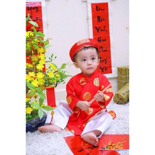 Áo dài bé trai gấm thái tuấn màu đỏ kèm khăn đóng