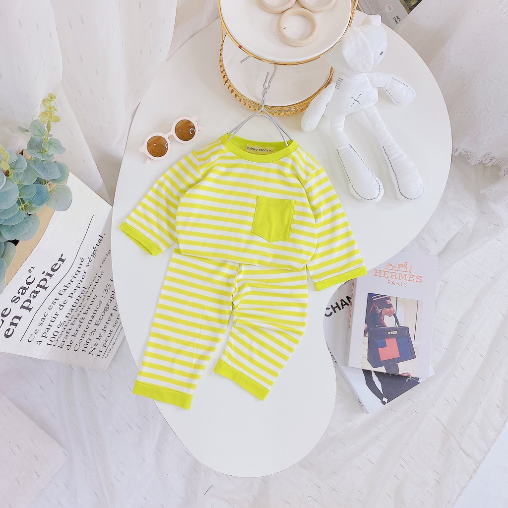 [SALE] Bộ Dài Tay Cho Bé Trai, Bé Gái Minky Mom Vải Thun Lạnh Hoạ Tiết Sọc Ngang Túi Ngực,Đồ Bộ Cho Bé Mặc Nhà MKMTD2135