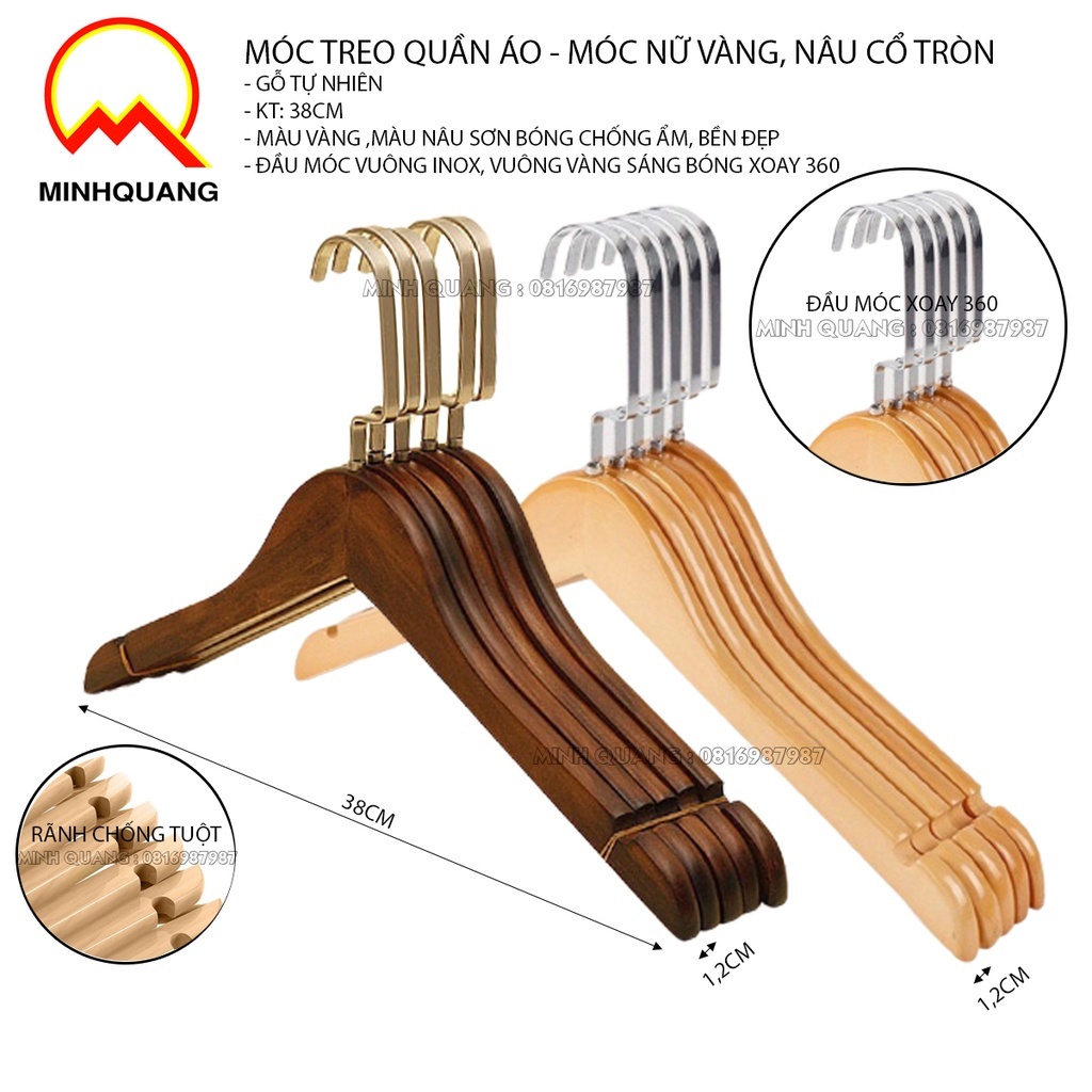 MÓC TREO QUẦN ÁO BẰNG GỖ 2  MÀU NÂU, MÀU VÀNG CỔ TRÒN ĐẦU MÓC XOAY 360, ĐƯỢC PHỦ LỚP SƠN CHỐNG ẨM MỐC