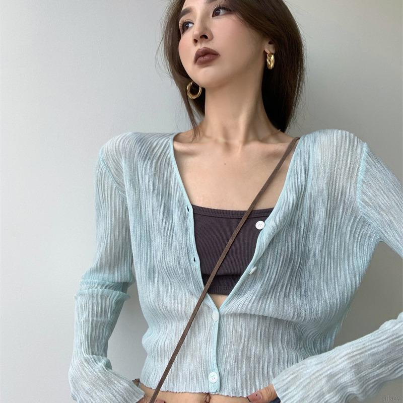 Áo Cardigan Dệt Kim Tay Dài Cổ Chữ V Màu Sắc Đơn Giản Phong Cách Hàn Quốc Thời Trang Mùa Hè Cho Nữ