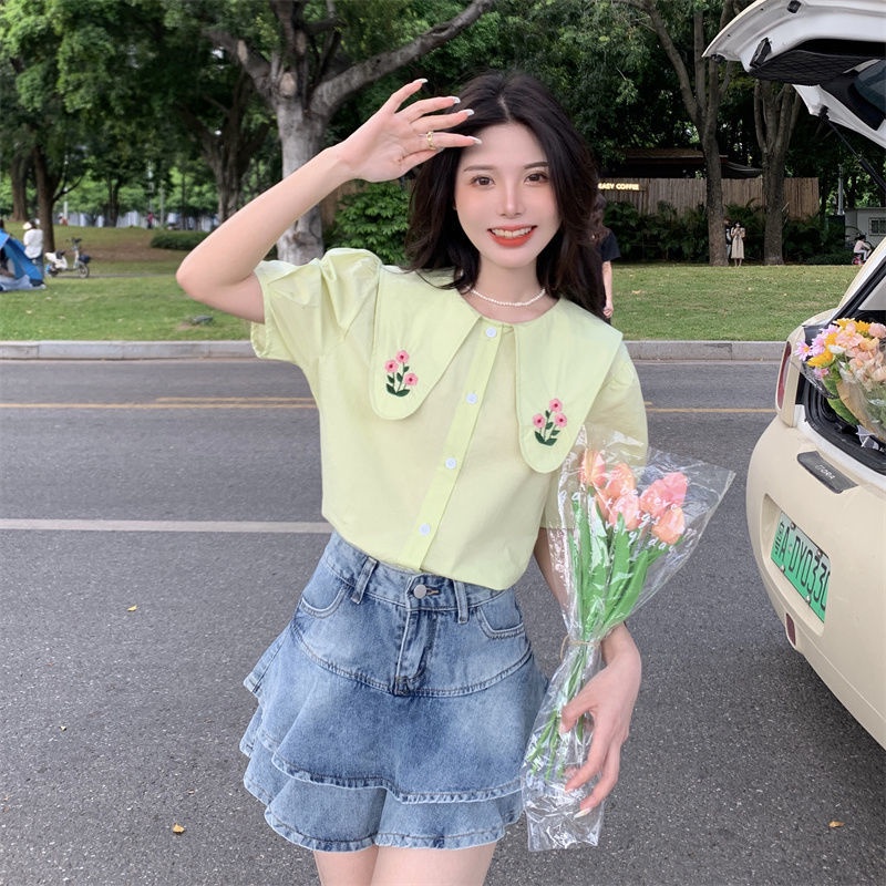 Áo Sơ Mi Trắng Ngắn Tay Thêu Họa Tiết Thời Trang Cho Nữ