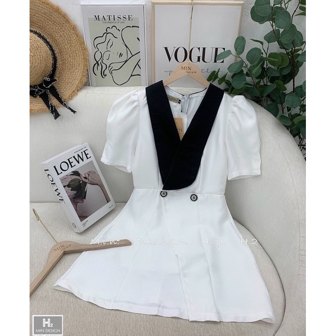 Váy Pha Cổ 2 Màu Trắng Đen Siêu Xinh Có Ảnh Thật
