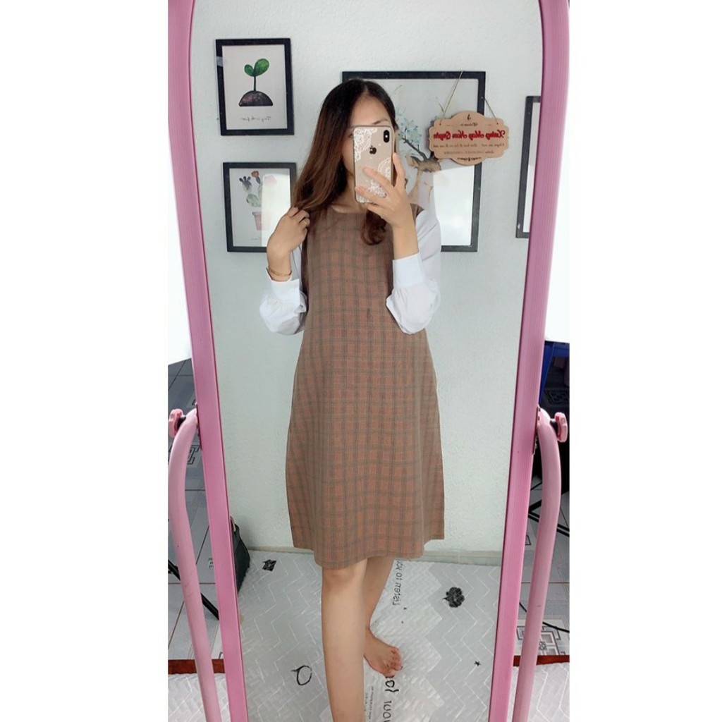Váy bầu thu đông phối tay sơ mi trắng mặc đi làm đi chơi siêu xinh VTK04