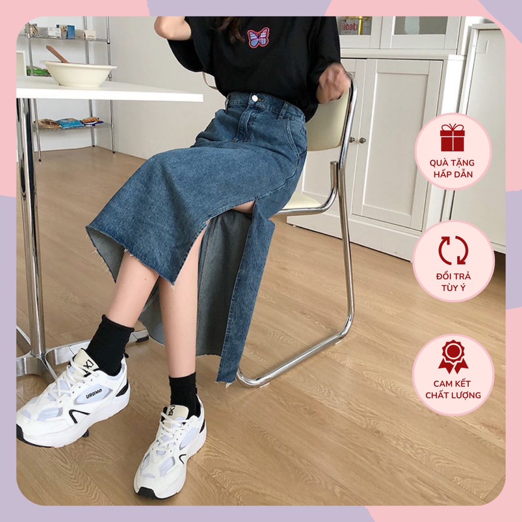 Chân váy bò dài WANAWEAR chân váy jean xẻ bên dáng dài midi cực xinh chất đẹp hot trend Hàn