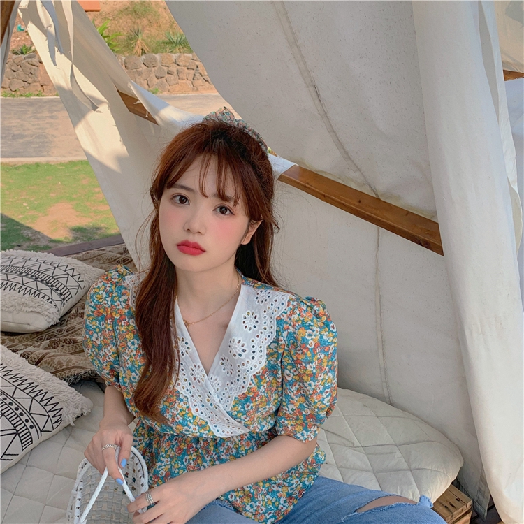 SUXI Áo kiểu cổ chữ V họa tiết hoa xinh xắn thời trang phong cách Pháp cho nữ