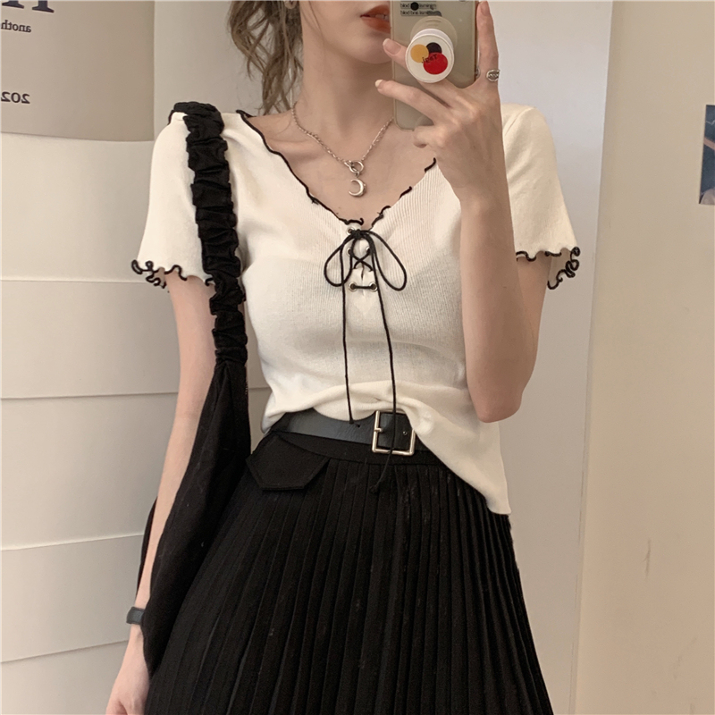 Áo croptop nữ tay ngắn 2021, áo kiểu nữ đẹp màu đen trắng cổ V buộc nơ trước phối ren tay sang chảnh thời trang hàn quốc