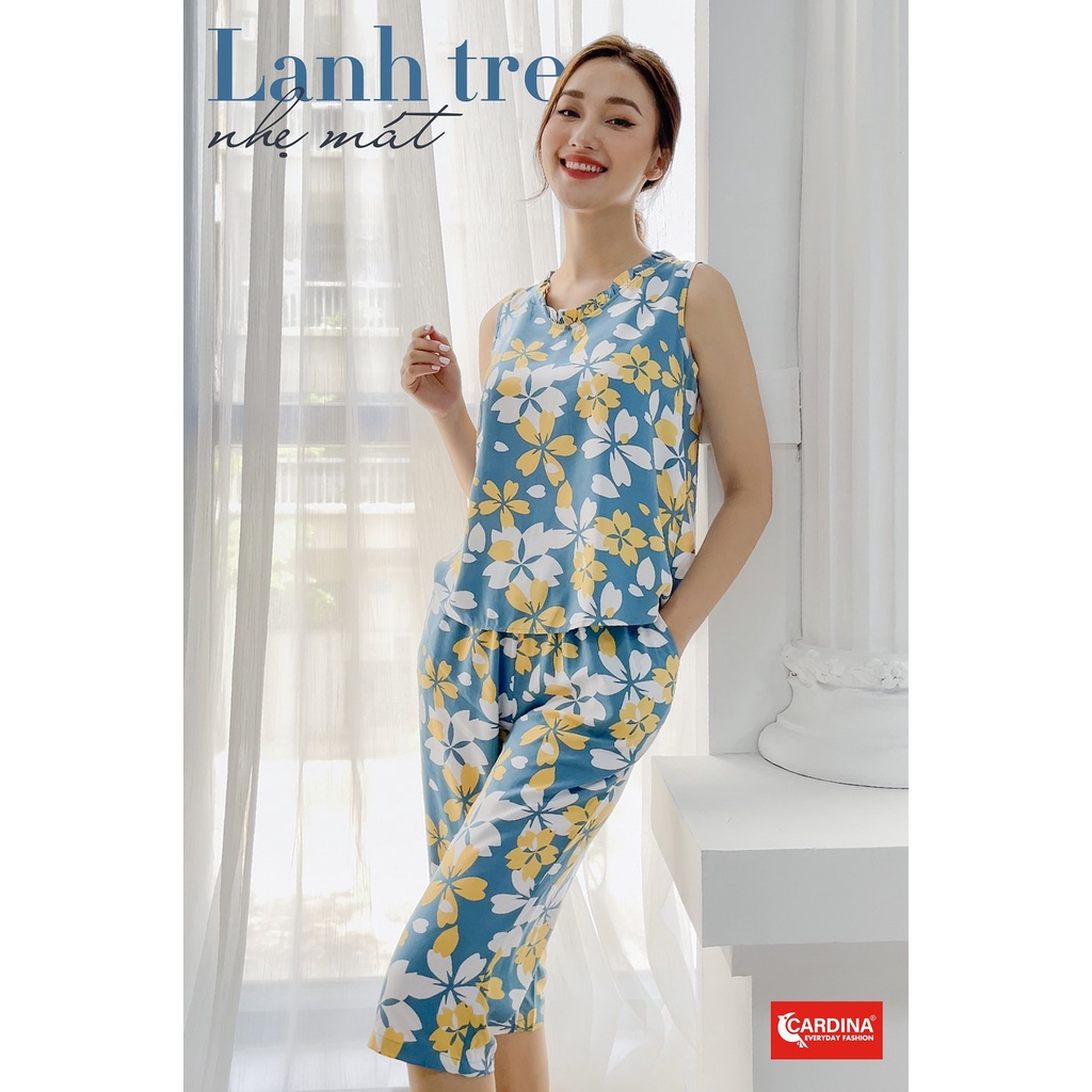 Đồ bộ nữ CARDINA chất lanh tre Nhật cao cấp quần lửng áo sát nách họa tiết tinh tế 2LF21
