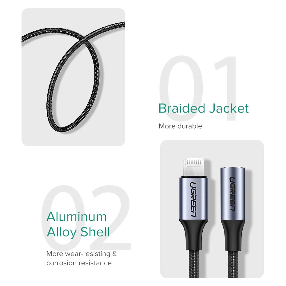 Cáp Lightning ra AUX 3.5mm Chuẩn MFi Hỗ trợ Mic đàm thoại Cao Cấp UGREEN US211