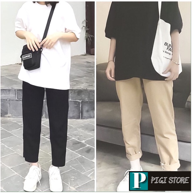 Quần baggy Kaki Nam Nữ Ống Suông Basic Unisex - Kiểu quần baggy nam ống rộng màu đen và be PIGI STORE Mã 68