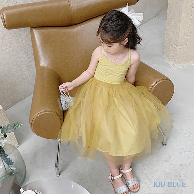 Đầm Công Chúa Mùa Hè Hai Dây Phối Lưới Màu Sắc Ngọt Ngào Phong Cách Hàn Quốc Cho Bé Gái