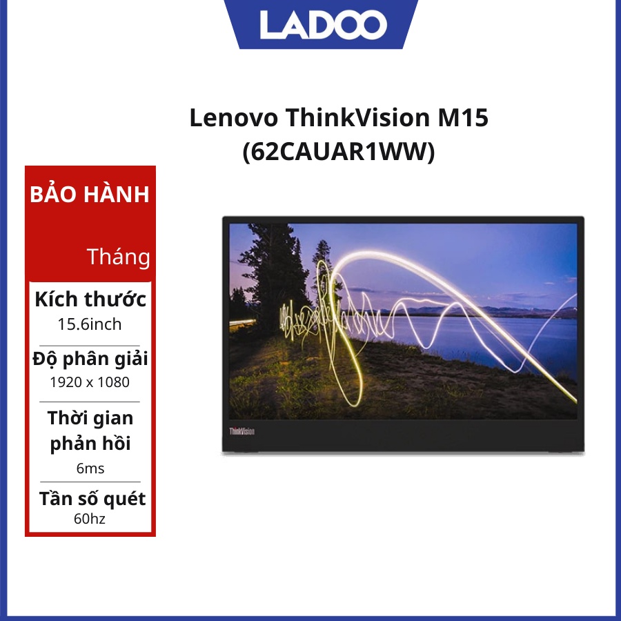 Màn hình máy tính Lenovo ThinkVision M15 (62CAUAR1WW)/ 15.6inch FHD/ USB-C/ IPS/ 3Yrs - Hàng chính hãng, BH 36 tháng