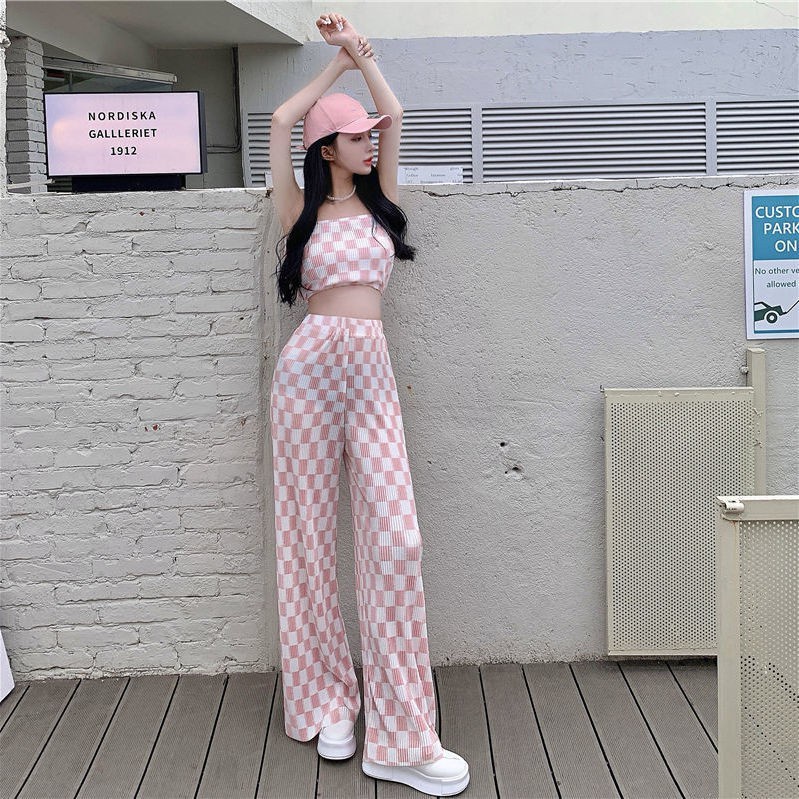 Áo ống và Quần dài ống rộng in sọc caro phong cách hè cho nữ (Có bán lẻ)