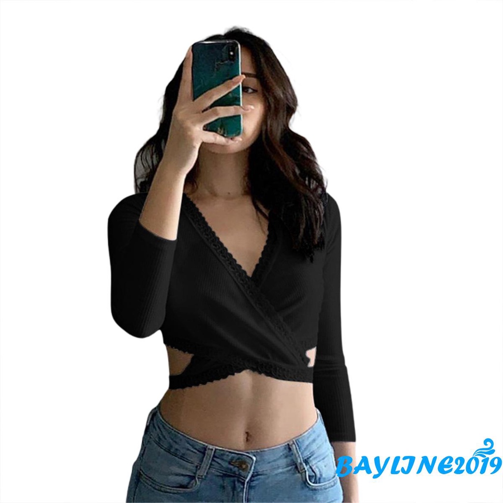Áo Crop Top Tay Dài Cổ Chữ V Viền Ren Gợi Cảm Dành Cho Nữ