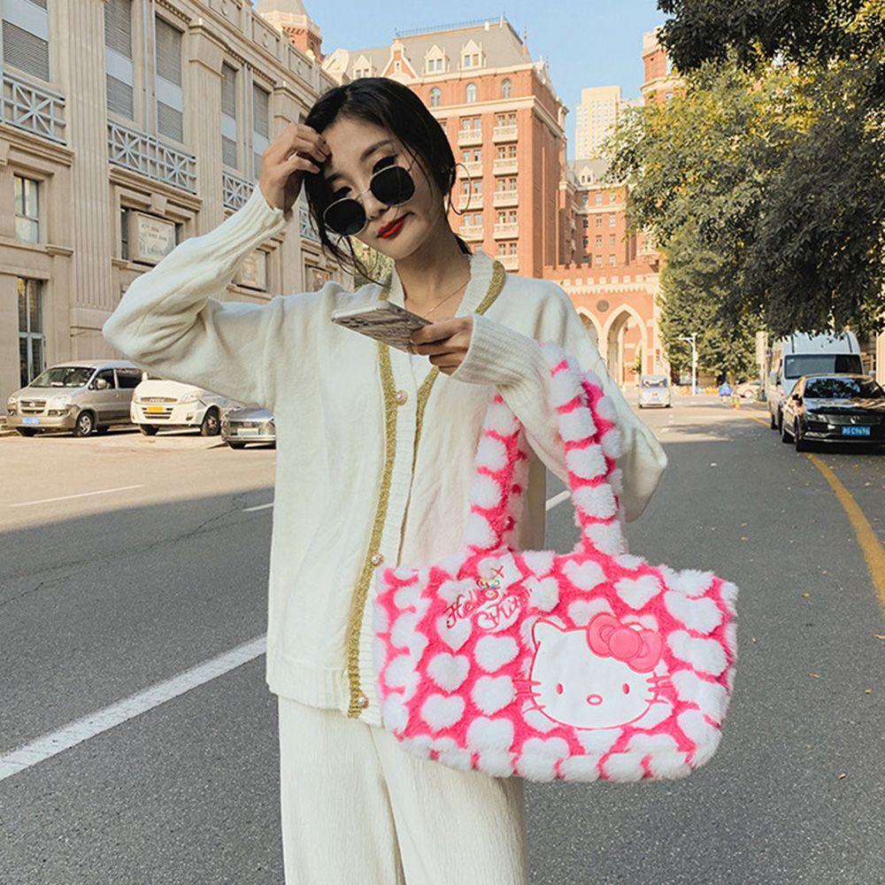 Túi Đeo Chéo Đựng Điện Thoại Phối Lông Họa Tiết Trái Tim Phong Cách Lolita