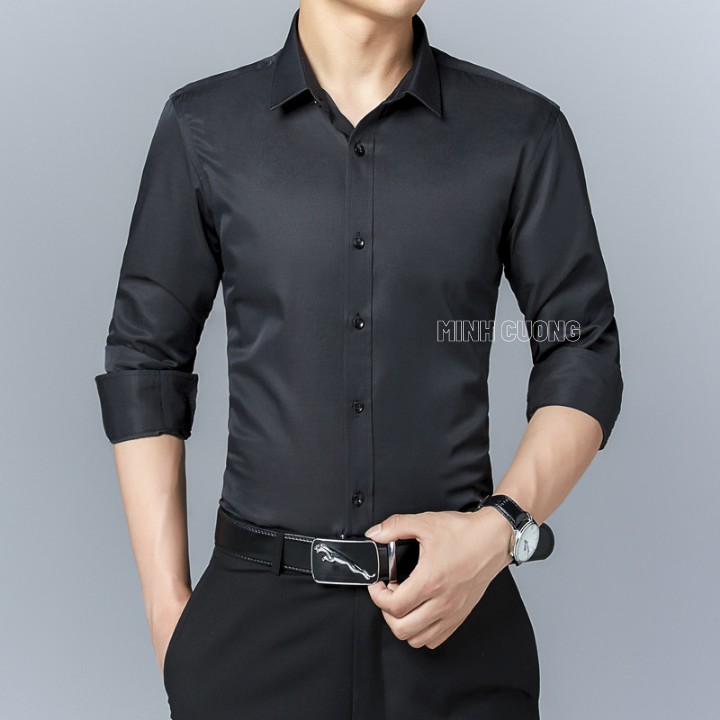 Sơ mi nam đẹp, kiểu trơn dài tay công sở , dáng ôm body Hàn Quốc, vải lụa cotton | BigBuy360 - bigbuy360.vn